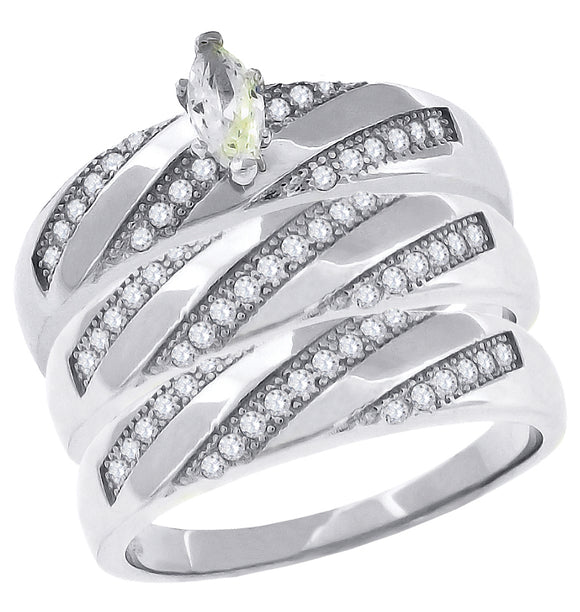 925 Sterling Silver His & Hers Cubic-Zirconia Marquise Head Trio Ring Set Size 6