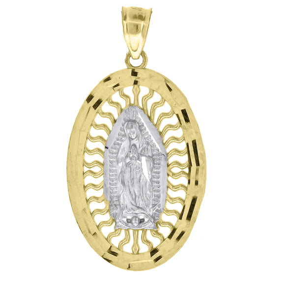 10kt Gold Two-tone Diamond-cut Unisex Guadalupe Mary Oval Ht:32.6mm x W:17mm Religious Charm Pendant