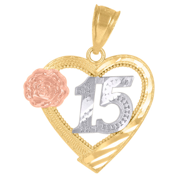 10kt Tri-color Gold Womens Textured Sweet 15 Anos Quinceanera Heart Charm Pendant