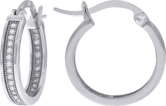 925 Sterling Silver Womens Cubic Zirconia Single Row Milgrain Huggie Hoop Earrings