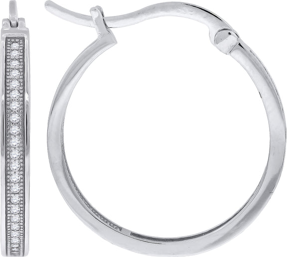 925 Sterling Silver Womens Cubic Zirconia Single Row Milgrain Huggie Hoop Earrings