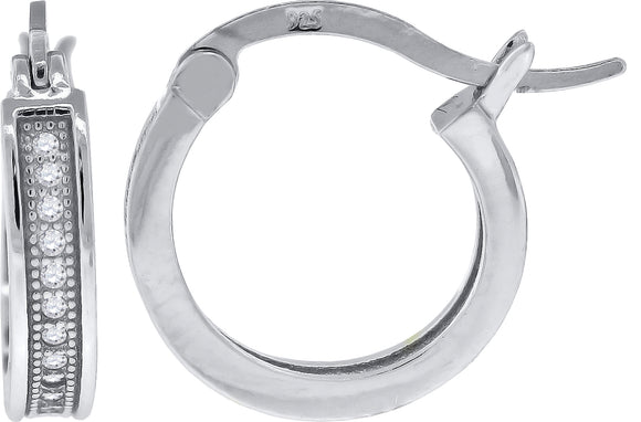 925 Sterling Silver Womens Cubic Zirconia Single Row Milgrain Huggie Hoop Earrings