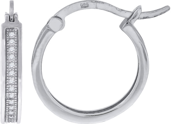 925 Sterling Silver Womens Cubic Zirconia Single Row Milgrain Huggie Hoop Earrings
