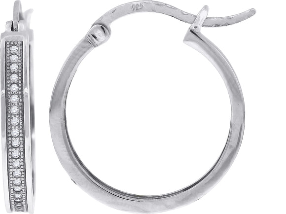 925 Sterling Silver Womens Cubic Zirconia Single Row Milgrain Huggie Hoop Earrings