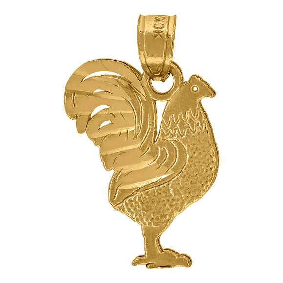 10kt Yellow Gold Unisex Diamond-cut Textured Rooster Charm Pendant