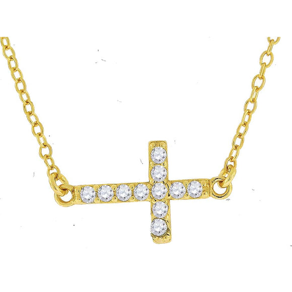 925 Sterling Silver Yellow-Tone Women Cubic Zirconia Rolo Link Cross Sideway Chain Necklace