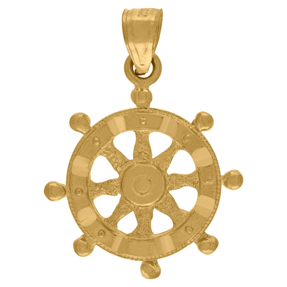 10kt Yellow Gold Textured Unisex Ship Wheel Ht:27.7mm x W:19.7mm Charm Pendant