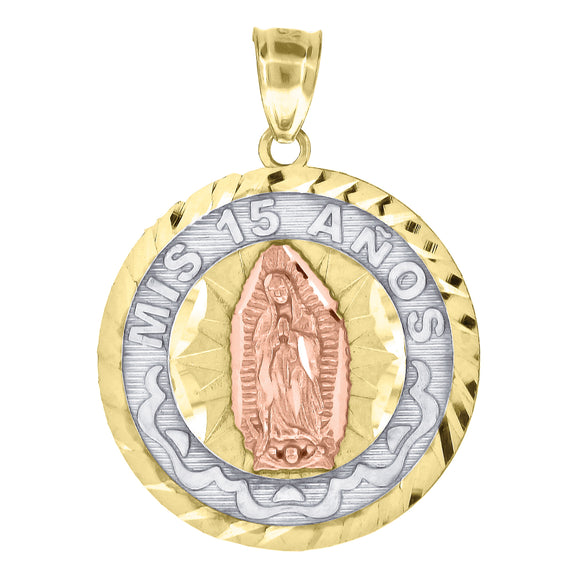 10kt Gold Tri-color Diamond-cut Unisex Mis 15 Anos Guadalupe Mary Ht:28.4mm x W:21mm Quinceanera Pendant