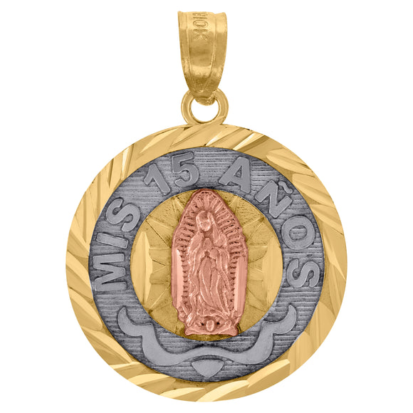 10kt Gold Tri-color Diamond-cut Unisex Mis 15 Anos Guadalupe Mary Quinceanera Pendant