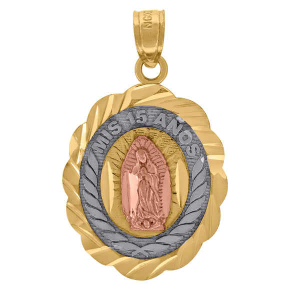 10kt Gold Tri-color Diamond-cut Unisex Mis 15 Anos Guadalupe Mary Quinceanera Pendant