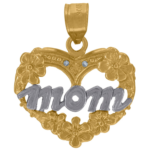 10kt Gold Two-tone Womens Mom Ht:23.2mm x W:19.1mm Heart Charm Pendant