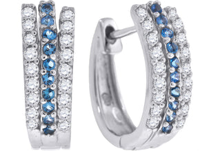 925 Sterling Silver Womens Blue Cubic Zirconia Triple Row Huggie Hoop Earrings