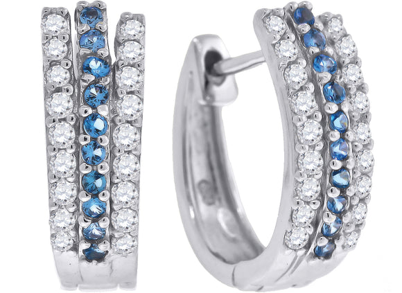 925 Sterling Silver Womens Blue Cubic Zirconia Triple Row Huggie Hoop Earrings