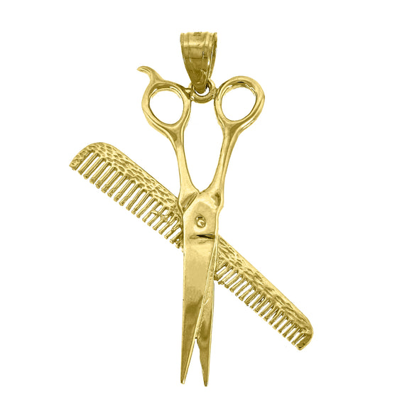 10kt Yellow Gold Unisex Scissors Comb Ht:38.7mm x W:20.7mm Tools Charm Pendant