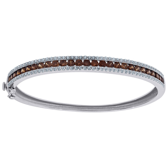 925 Sterling Silver Women Brown & White Cubic Zirconia 3-Rows Bangle