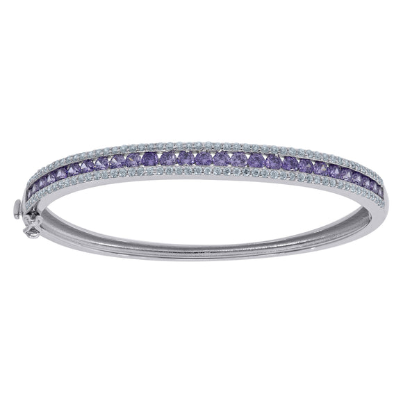 925 Sterling Silver Women Purple & White Cubic Zirconia 3-Rows Bangle