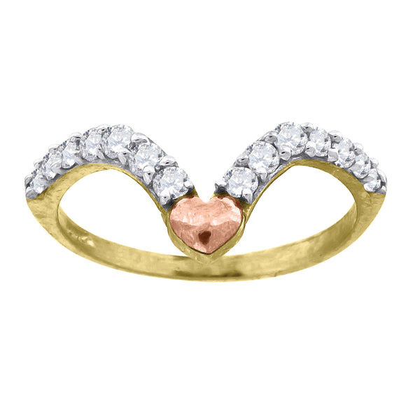 10kt Tri-color Gold Womens Cubic Zirconia Curved Heart Ring Band