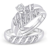 Sterling Silver His Hers Round Diamond Solitaire Matching Wedding Set 1/20 Cttw