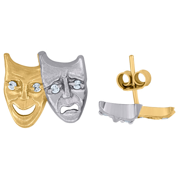 10kt Gold Two-tone CZ Womens Comedy Tragedy Masks 13mm x 11.4mm Push Back Studs