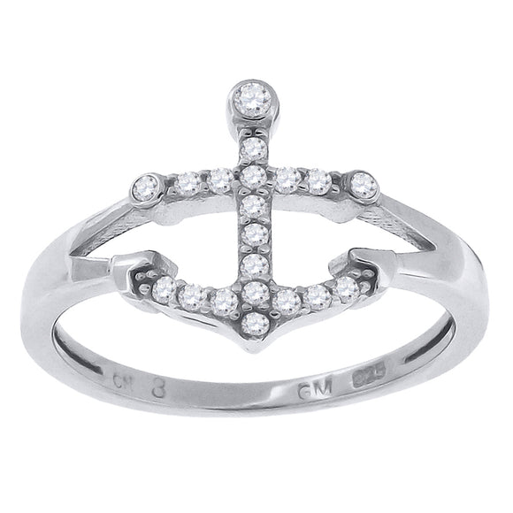 925 Sterling Silver Womens Cubic Zirconia Anchor Fashion Ring Size 6