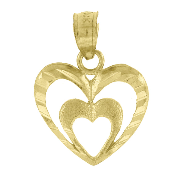 10kt Yellow Gold Diamond-cut Womens Double Ht:17.3mm x W:13mm Heart Charm Pendant