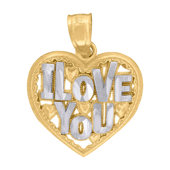 10kt Gold Two-tone Diamond-cut Womens I love You Ht:18.6mm x W:14.3mm Heart Charm Pendant