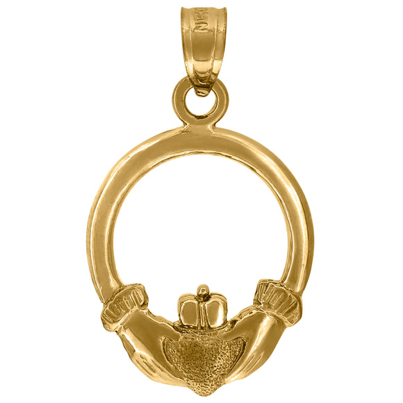 10kt Yellow Gold Unisex Claddagh Hands Crown Ht:24.1mm x W:14.2mm Luck Charm Pendant