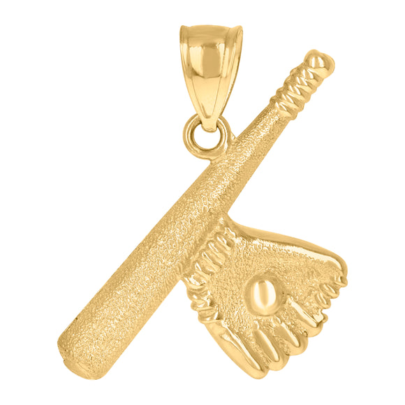 10kt Yellow Gold Mens Diamond-cut Textured Baseball Bat Ball Gloves Charm Pendant