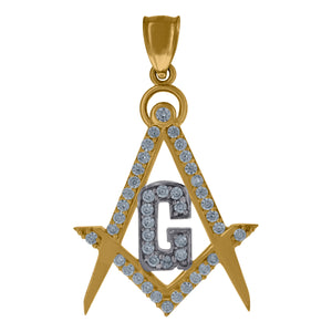 10kt Two-Tone Gold Cubic-zirconia Unisex Masonic Ht:39.7mm x W:24.4mm Religious Charm Pendant