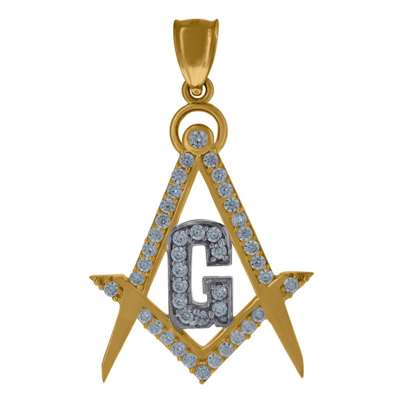 10kt Two-Tone Gold Cubic-zirconia Unisex Masonic Ht:39.7mm x W:24.4mm Religious Charm Pendant