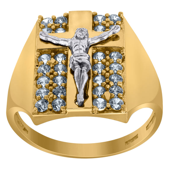 10kt Two-tone Gold Mens Cubic Zirconia CZ Crucifix Cross Religious Ring 