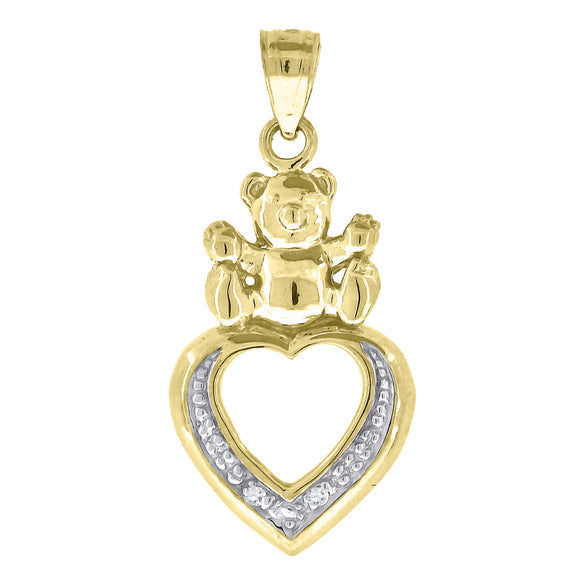 10kt Two-tone Gold Mens Cubic Zirconia Cubic-zirconia Teddy Bear Heart Charm Pendant