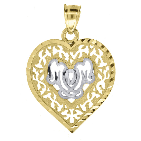 10kt Gold Two-tone Diamond-cut Womens Mom Ht:28.4mm x W:19.8mm Heart Charm Pendant