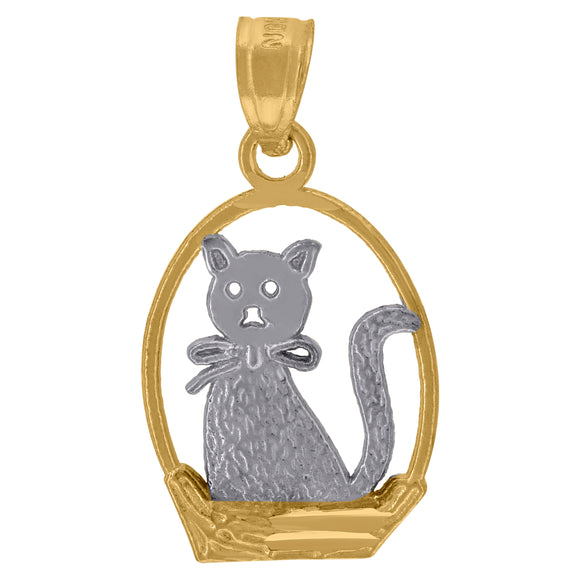 10kt Gold Two-tone Diamond-cut Womens Cat Basket Ht:22.1mm x W:12mm Animal Charm Pendant