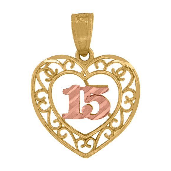 10kt Two-tone Gold Womens Textured Sweet 15 Anos Quinceanera Heart Charm Pendant