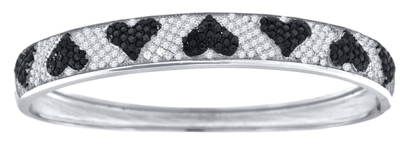 925 Sterling Silver Women Black & White Micropave Cubic Zirconia Fashion Heart Bangle