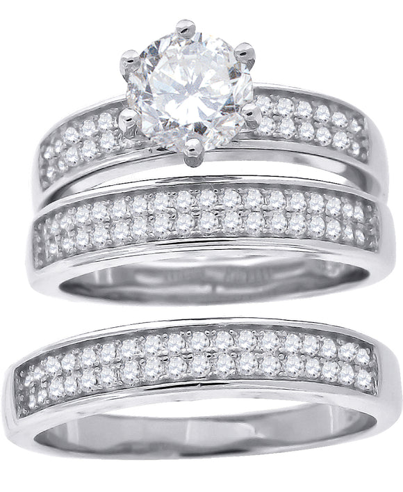 925 Sterling Silver His & Hers Cubic Zirconia Trio Ring Set Size 6