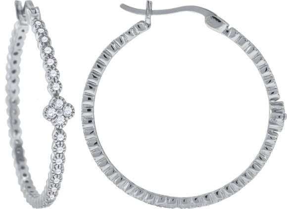 925 Sterling Silver Womens Cubic Zirconia Flower Center Single Row Huggie Hoop Earrings