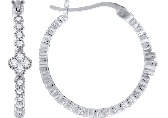 925 Sterling Silver Womens Cubic Zirconia Flower Center Single Row Huggie Hoop Earrings
