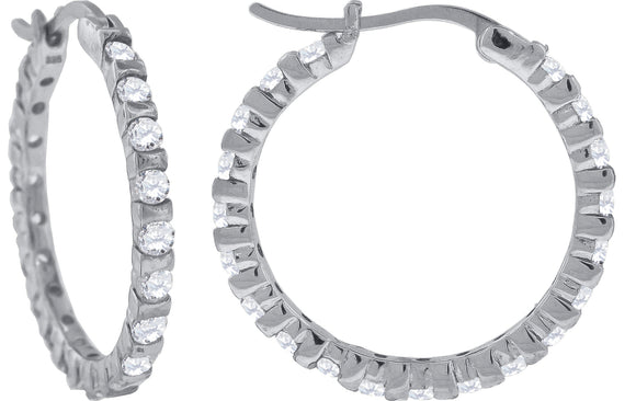 925 Sterling Silver Womens Cubic Zirconia Single Row Milgrain Huggie Hoop Earrings