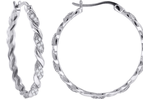 925 Sterling Silver Womens Cubic Zirconia Twisted Huggie Hoop Earrings