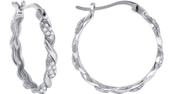 925 Sterling Silver Womens Cubic Zirconia Twisted Huggie Hoop Earrings