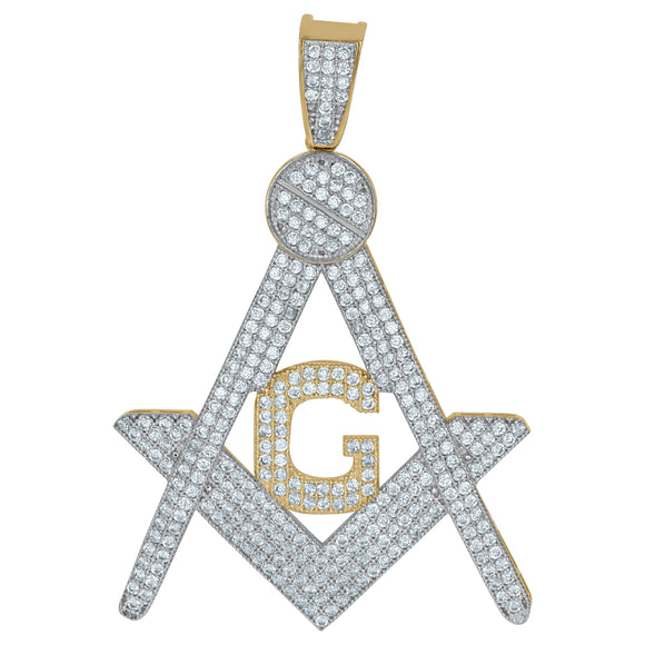 10kt Two-tone Gold Mens Cubic Zirconia Cubic-zirconia Freemason Masonic Charm Pendant