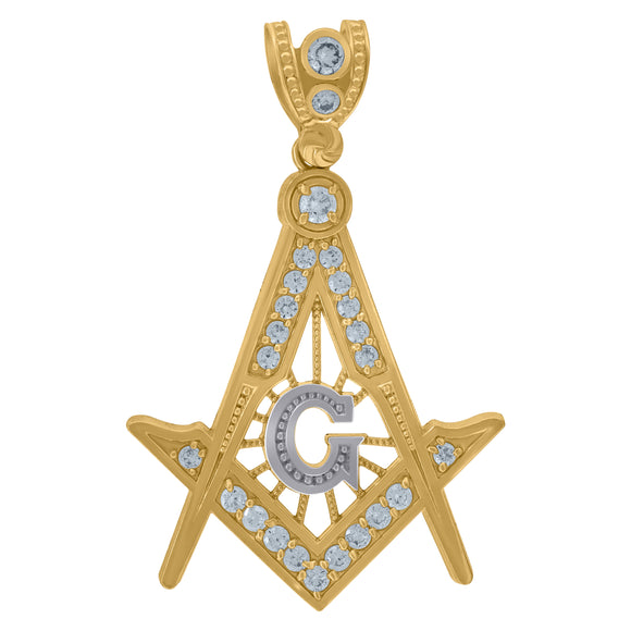 10KT Two-Tone Gold Mens Cubic Zirconia Masonic Freemasonry Occupation Charm Pendant