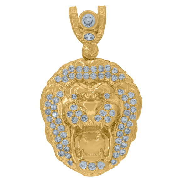 10KT Yellow Gold Mens Cubic Zirconia Lion Head Charm Pendant