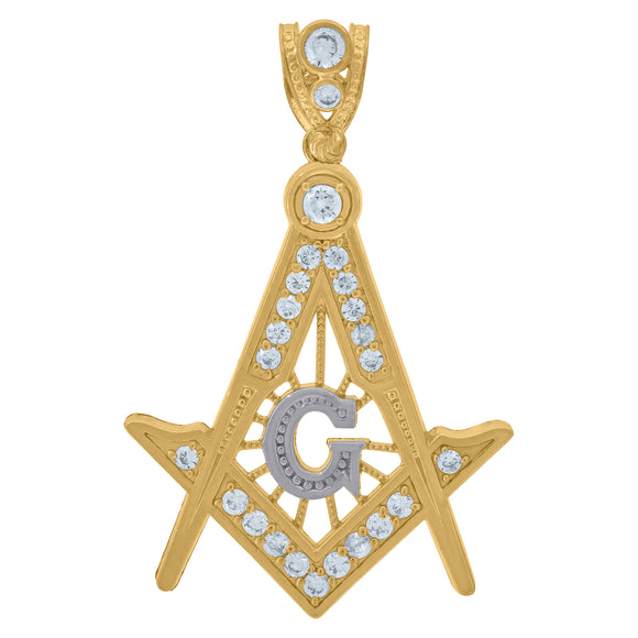10KT Two-Tone Gold Mens Cubic Zirconia Masonic Freemasonry Occupation Charm Pendant