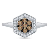 10kt White Gold Womens Round Brown Diamond Polygon Cluster Ring 1/2 Cttw
