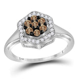 10kt White Gold Womens Round Brown Diamond Polygon Cluster Ring 1/2 Cttw