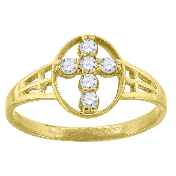 10kt Yellow Gold Womens Cubic Zirconia Oval Cross Religious Ring