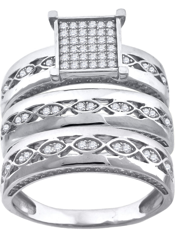 925 Sterling Silver His & Hers Cubic-Zirconia Square Head Trio Ring Set Size 6